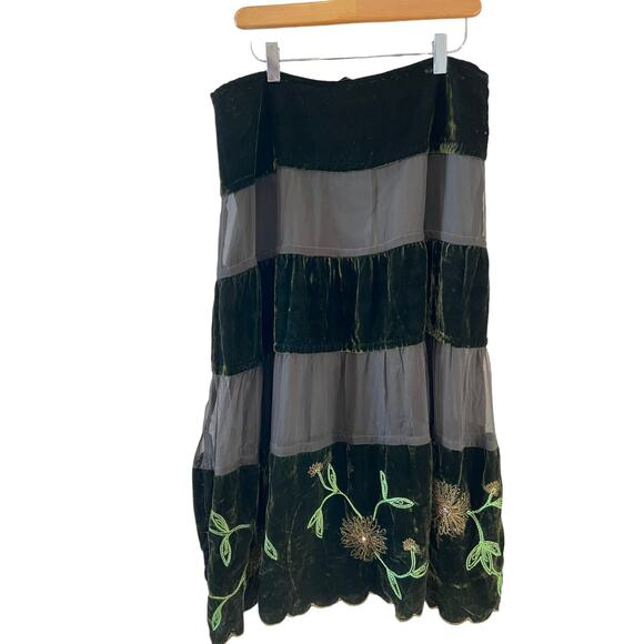 Vintage Anne Carson Velvet & Silk Tiered Floral Embroidered Skirt Dark Green - Picture 1 of 10